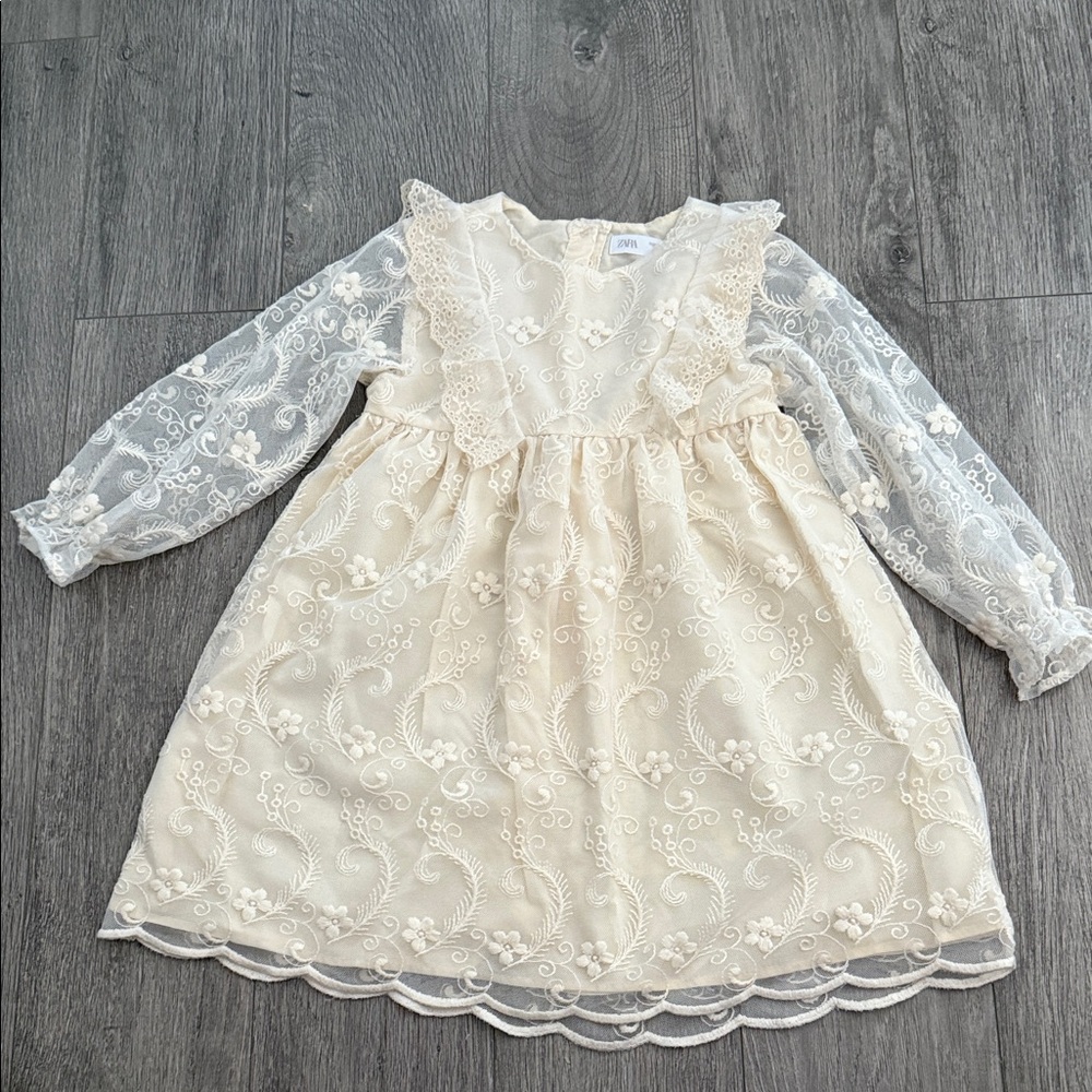 New Zara Cream Floral Lace Kids Dress sz 12/18 fully lined